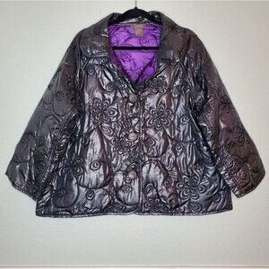 KENAR | Foil Gray Purple Reversible Quilted Floral Pattern Jacket Size 1X